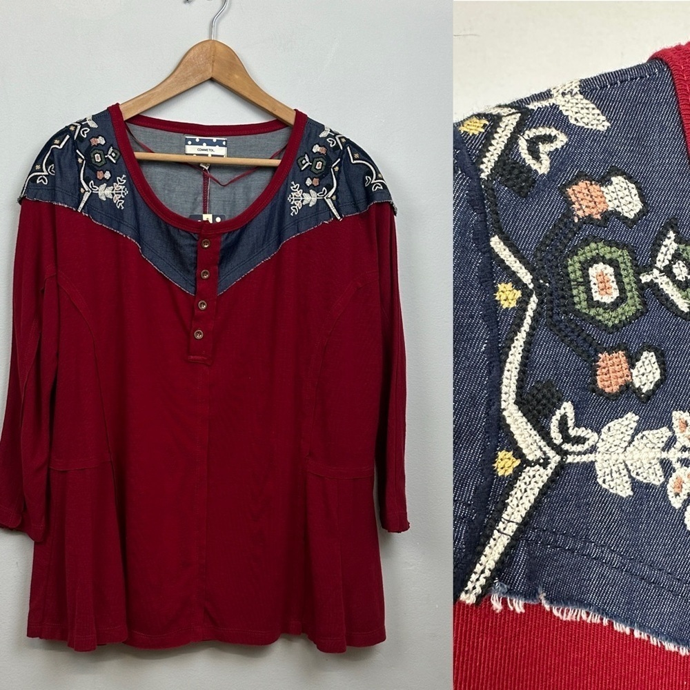 NWT Comme Toi Anthropologie Red Embroidered Top Sz M